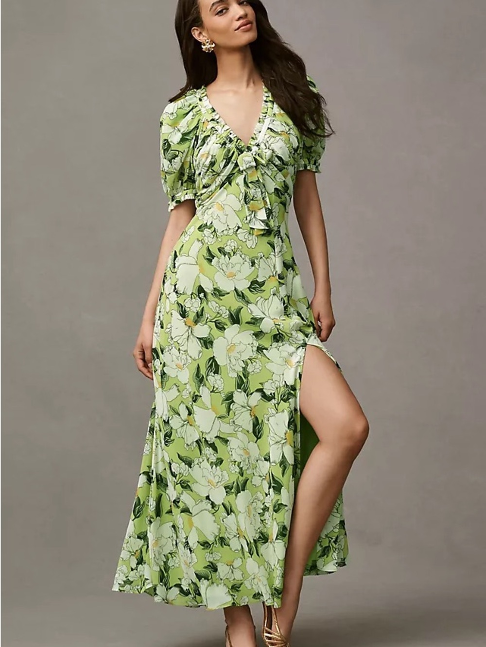 BHLDN Puff-Sleeve Bow-Front V-Neck Maxi Dress Green Floral Size 12